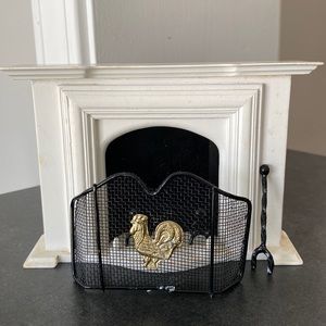 Dollhouse mantle fireplace with screen and andirons